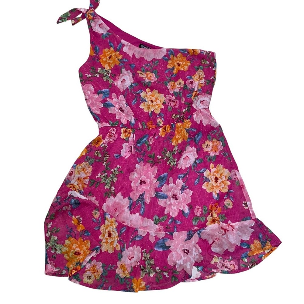 One Shoulder Floral Mini Dress Ruffle Hem Y2K Party Pink Women's‎ M